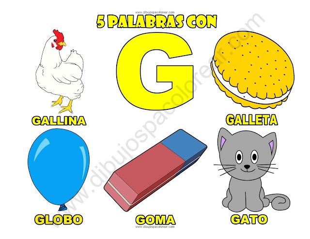 Cinco Palabras con la letra G dibujo a color y para colorear